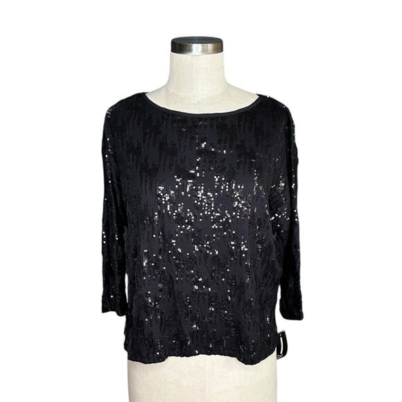 INC INTERNATIONAL CONCEPTS Black Sequin 3/4 Sleeve Top Women's Size Small NWT - Picture 1 of 6